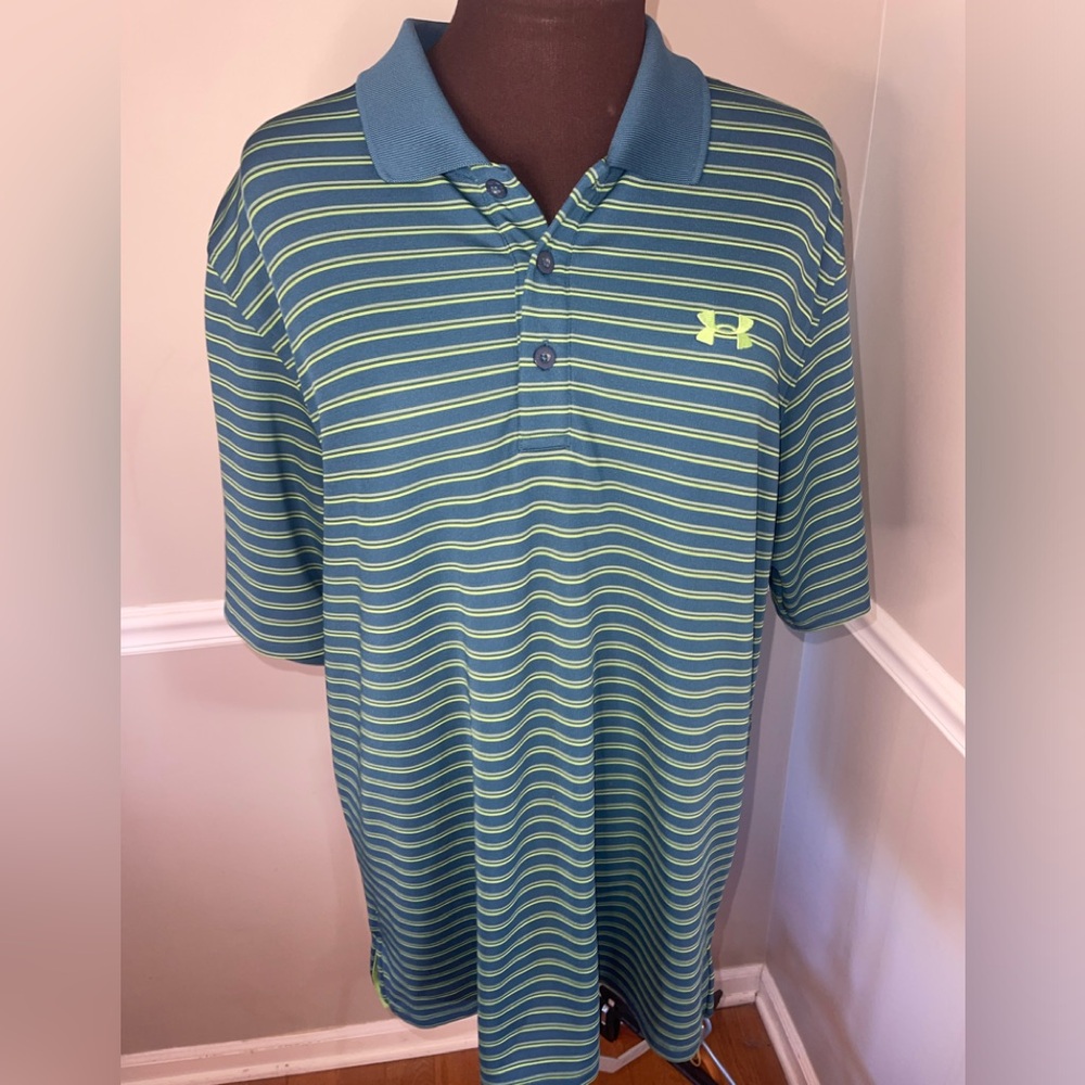 Under Armour Mens Polo‎ Shirt Striped Teal Green Mens L